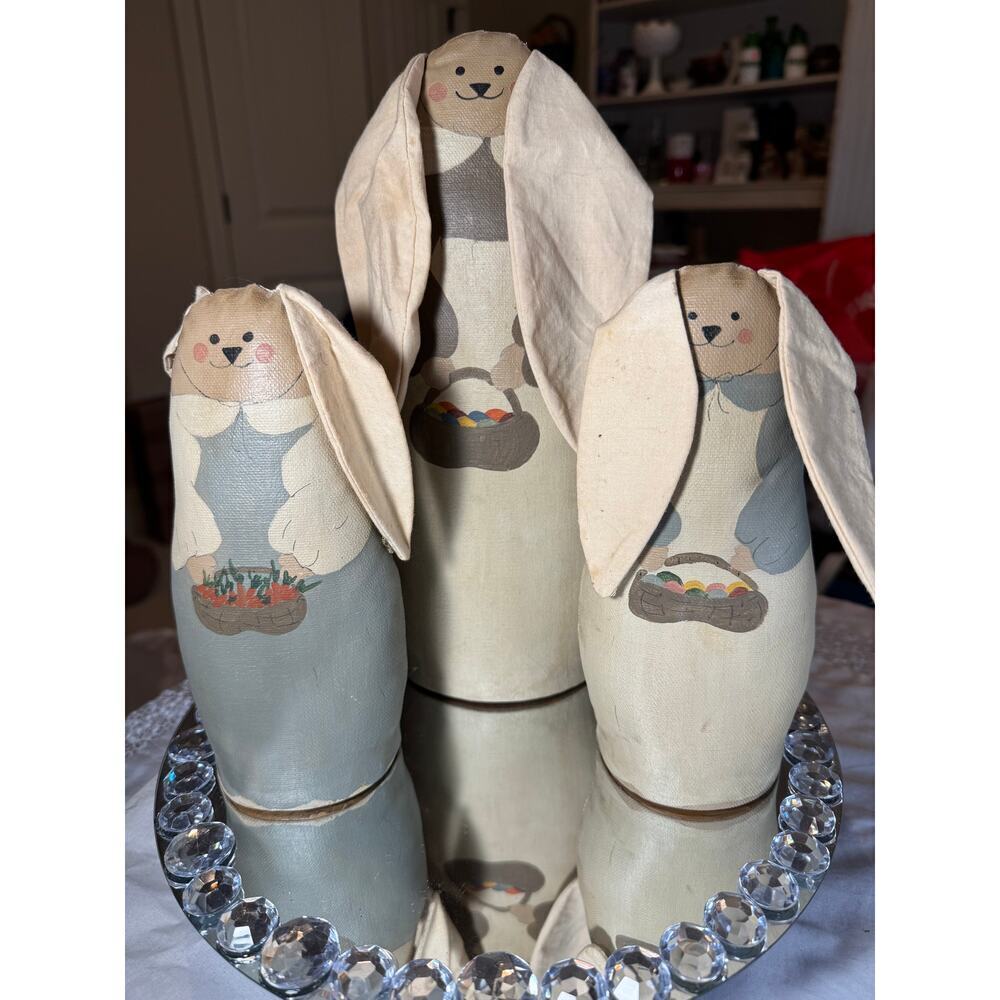 Handcrafted, Vintage Set of 3 Easter Bunnies. Handpainted fabric, wood bases'90